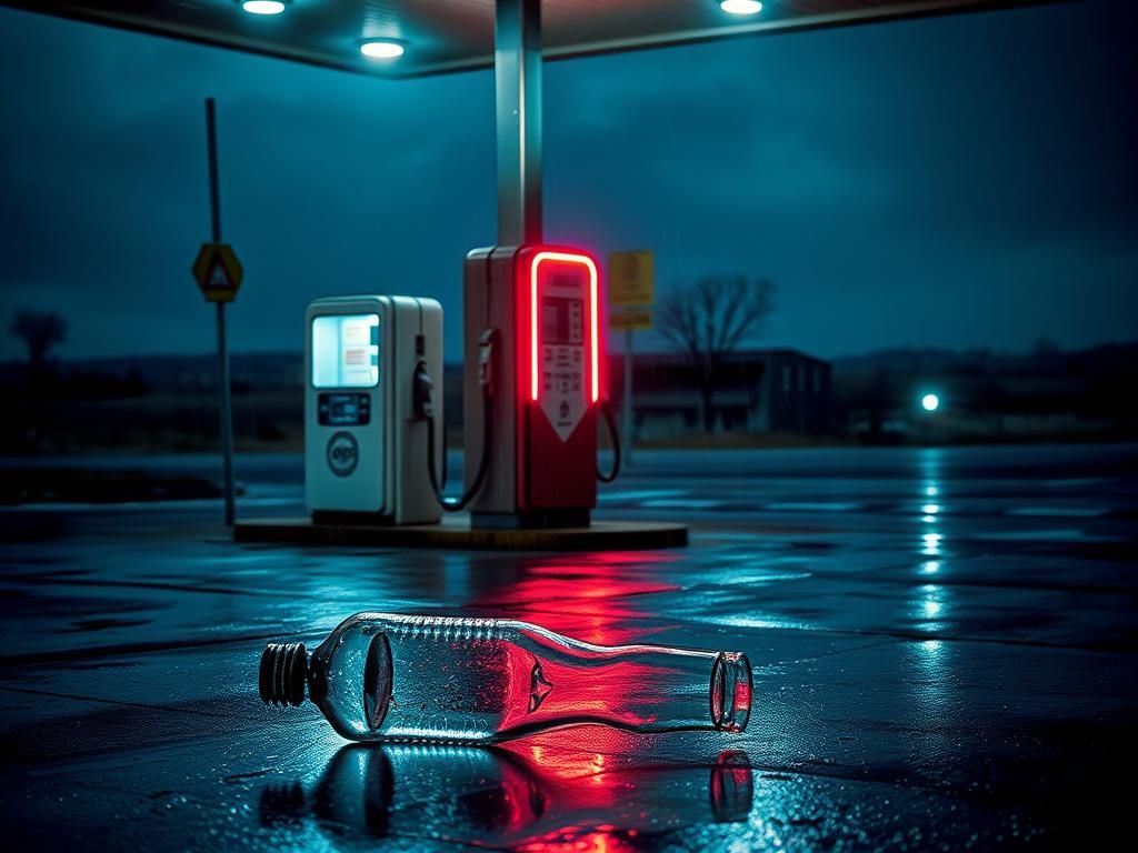 Flick International Dimly lit gas station at night with vintage gas pump and broken glass bottle