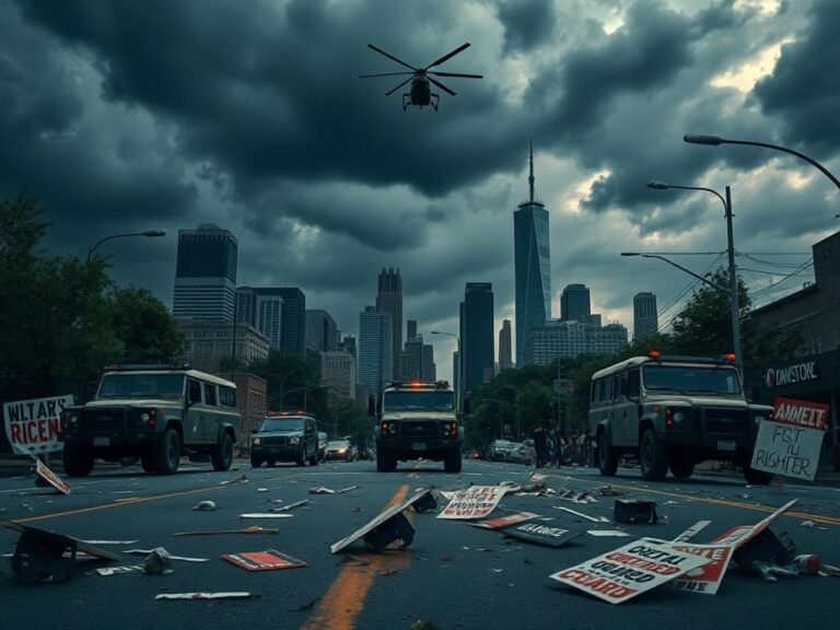 Flick International Urban scene showing contrast between city skyline and National Guard vehicles