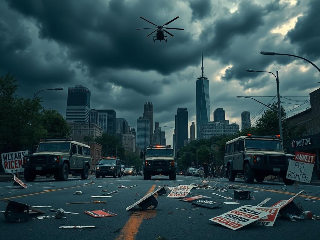 Flick International Urban scene showing contrast between city skyline and National Guard vehicles