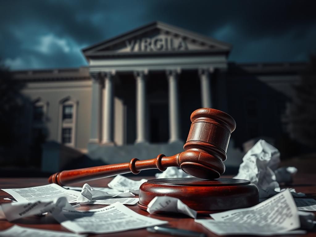 Flick International A weathered wooden gavel on a table surrounded by crumpled papers symbolizing justice and controversy in Virginia politics