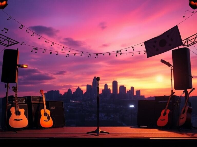 Flick International Empty stage with microphone stand in Nashville, illuminated by spotlights and surrounded by colorful acoustic guitars.