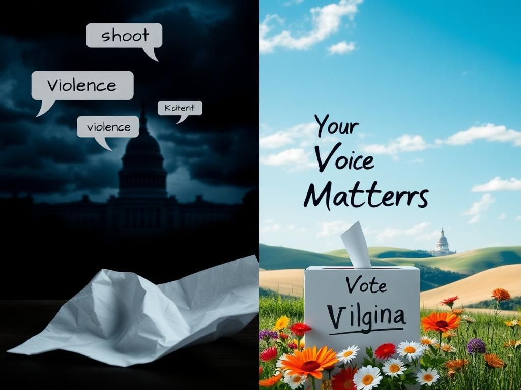Flick International A split image contrasting a foreboding cityscape with political tension and a vibrant Virginia landscape representing democracy.