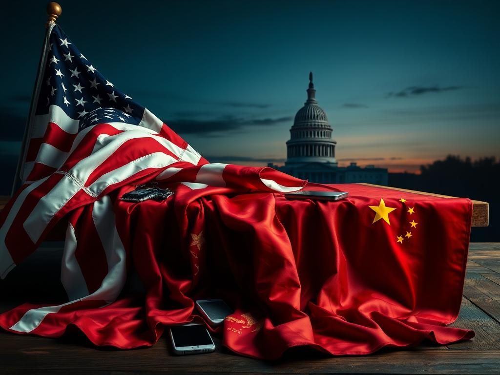 Flick International A juxtaposition of an American flag and Chinese textiles over a table of technology products symbolizing economic ties.