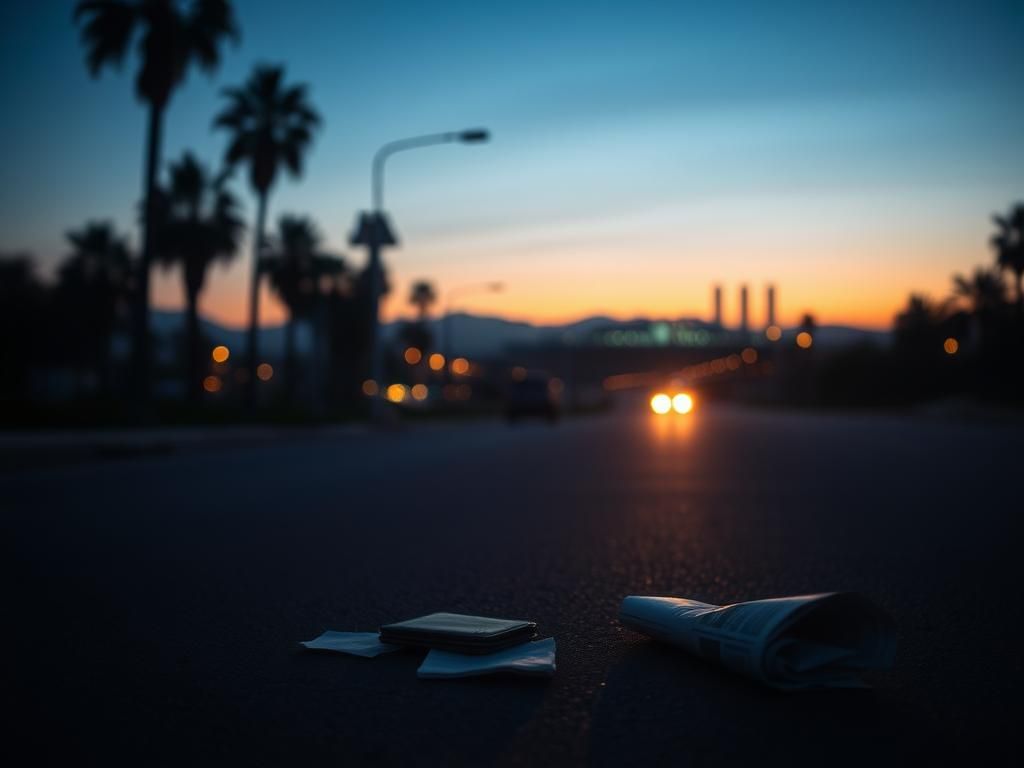 Flick International Empty California roadway at dawn with discarded items hinting at a recent tragedy