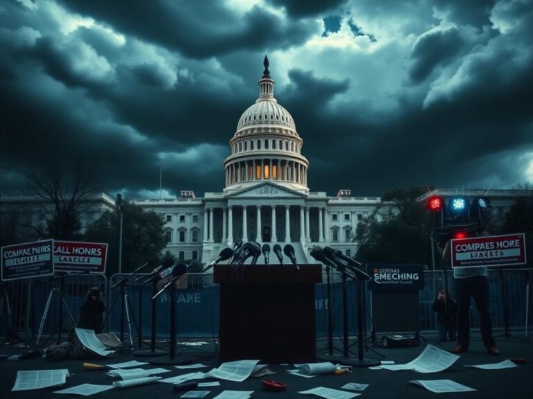Flick International Tense scene outside the U.S. Capitol with stormy skies and an empty podium