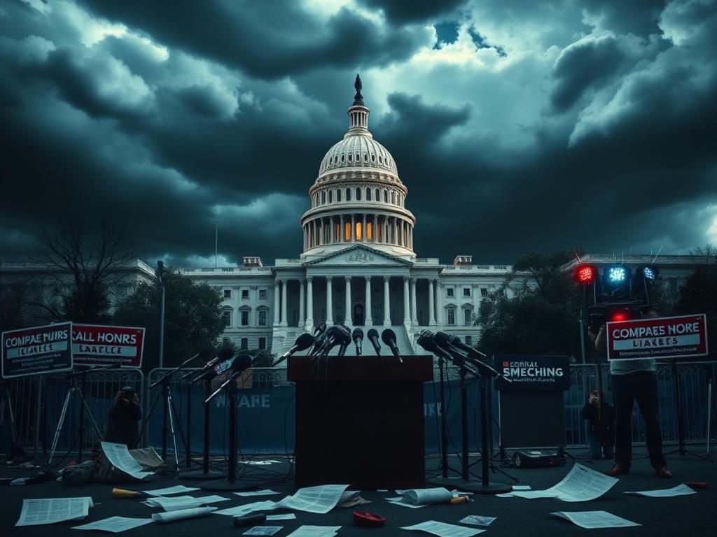 Flick International Tense scene outside the U.S. Capitol with stormy skies and an empty podium