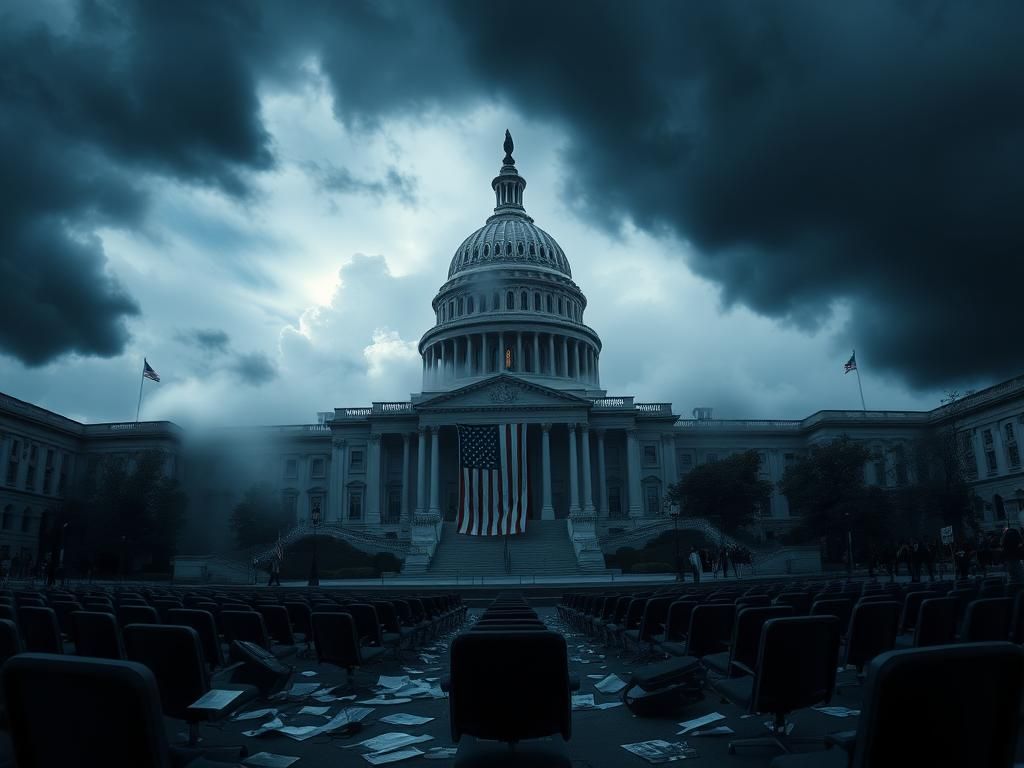 Flick International U.S. Capitol building under dark storm clouds representing political turmoil