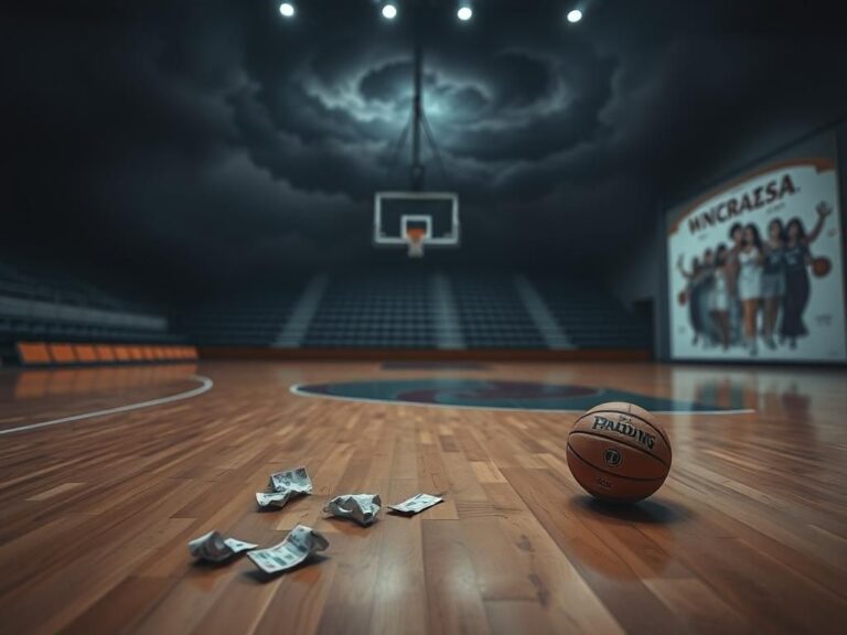 Flick International Dimly lit basketball court with crumpled game tickets and a worn-out basketball, symbolizing a disappointing season.