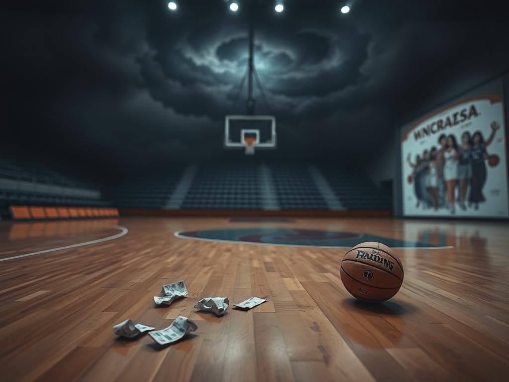Flick International Dimly lit basketball court with crumpled game tickets and a worn-out basketball, symbolizing a disappointing season.