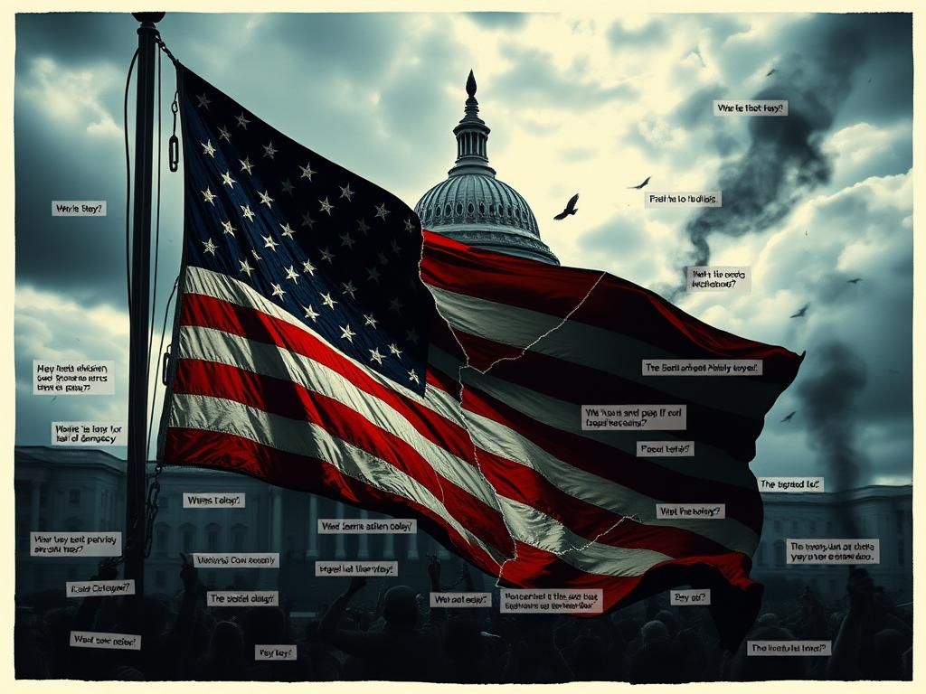 Flick International A dramatic collage depicting political tension with a shadowy Capitol building and a weathered American flag