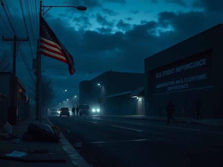 Flick International Dark street scene at dusk near ICE facility in Portland, featuring an American flag and shadows of masked figures