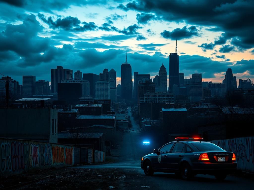 Flick International Dramatic urban landscape of Chicago showcasing the city skyline and troubled streets