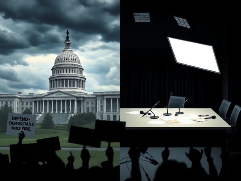 Flick International A dynamic political scene contrasting Capitol Hill with an empty press room surrounded by stormy skies.