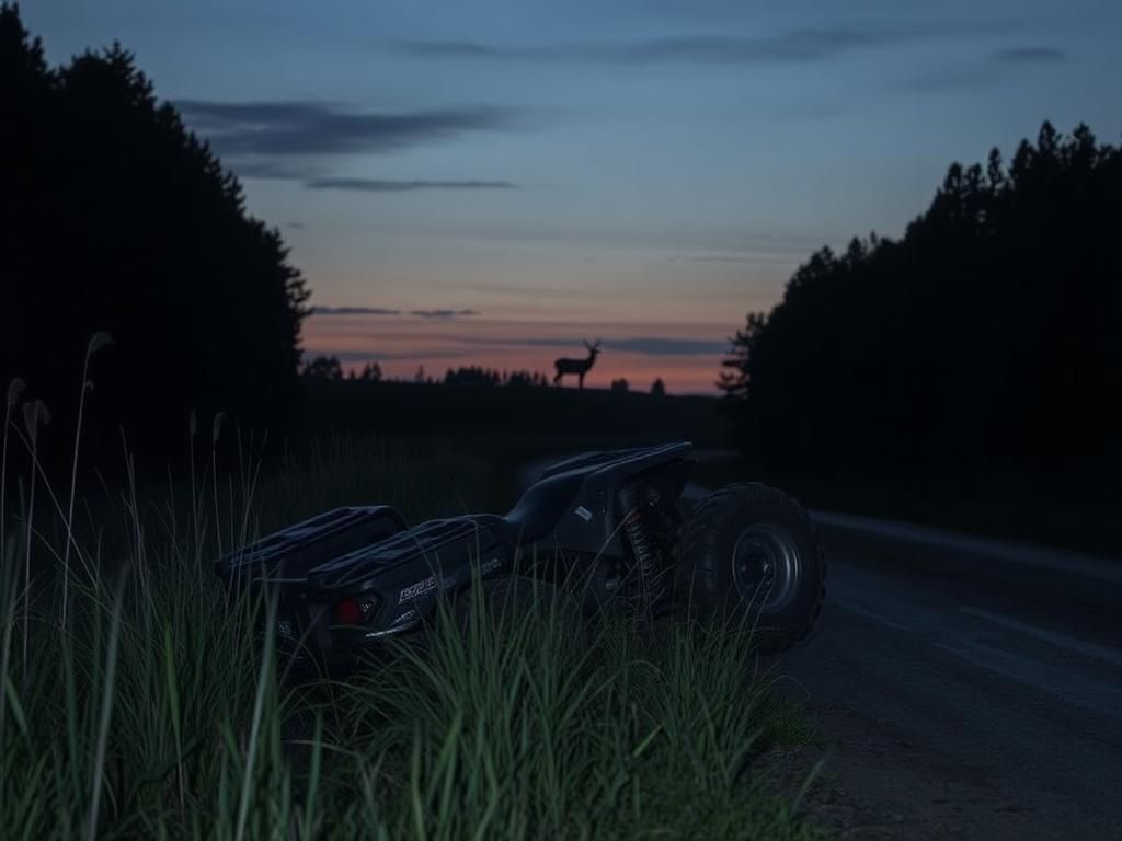 Flick International An overturned ATV on a winding dirt road in a somber rural landscape