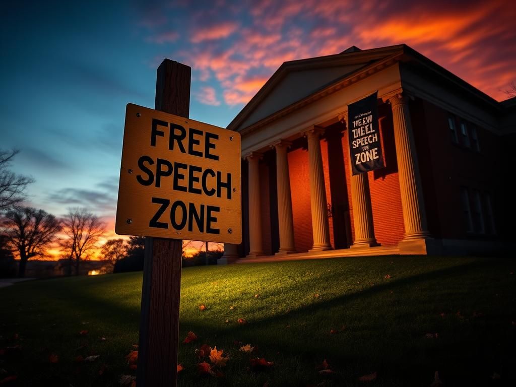 Flick International Silhouette of a large brick academic building at dusk with a 'Free Speech Zone' sign