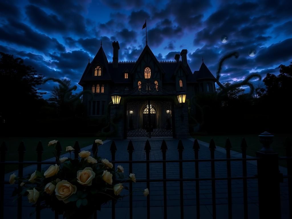 Flick International Exterior view of Disneyland's Haunted Mansion attraction at twilight