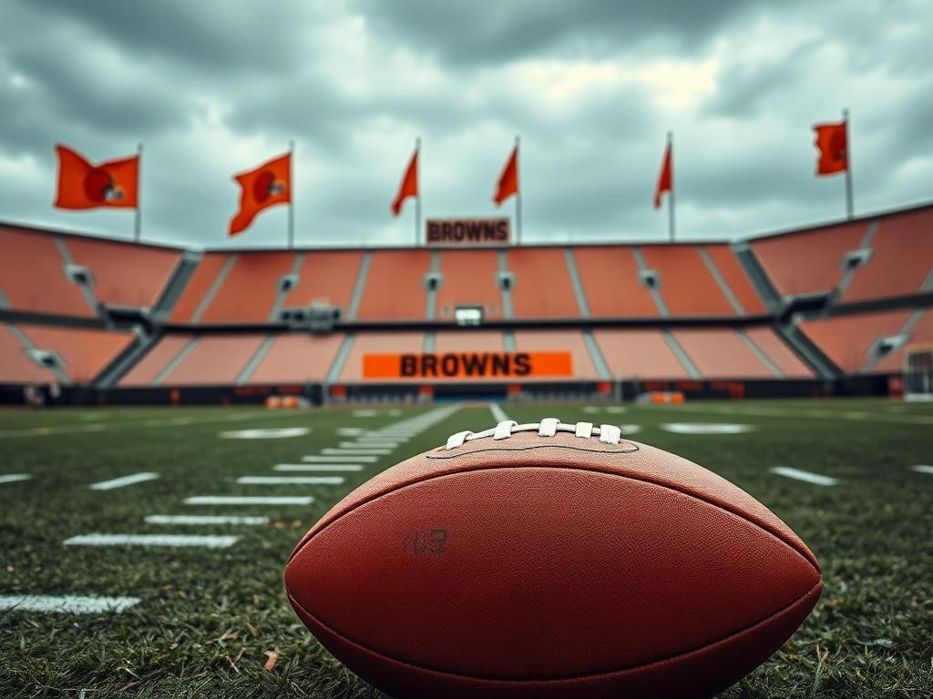 Flick International Empty football stadium under overcast sky with Cleveland Browns colors