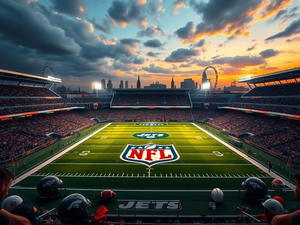 Flick International Vibrant view of Tottenham Hotspur Stadium during NFL game with Jets and Broncos logos