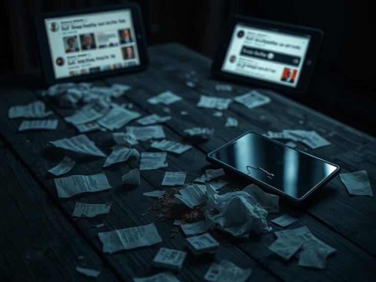 Flick International A weathered wooden table with scattered social media posts and crumpled papers reflecting political debates