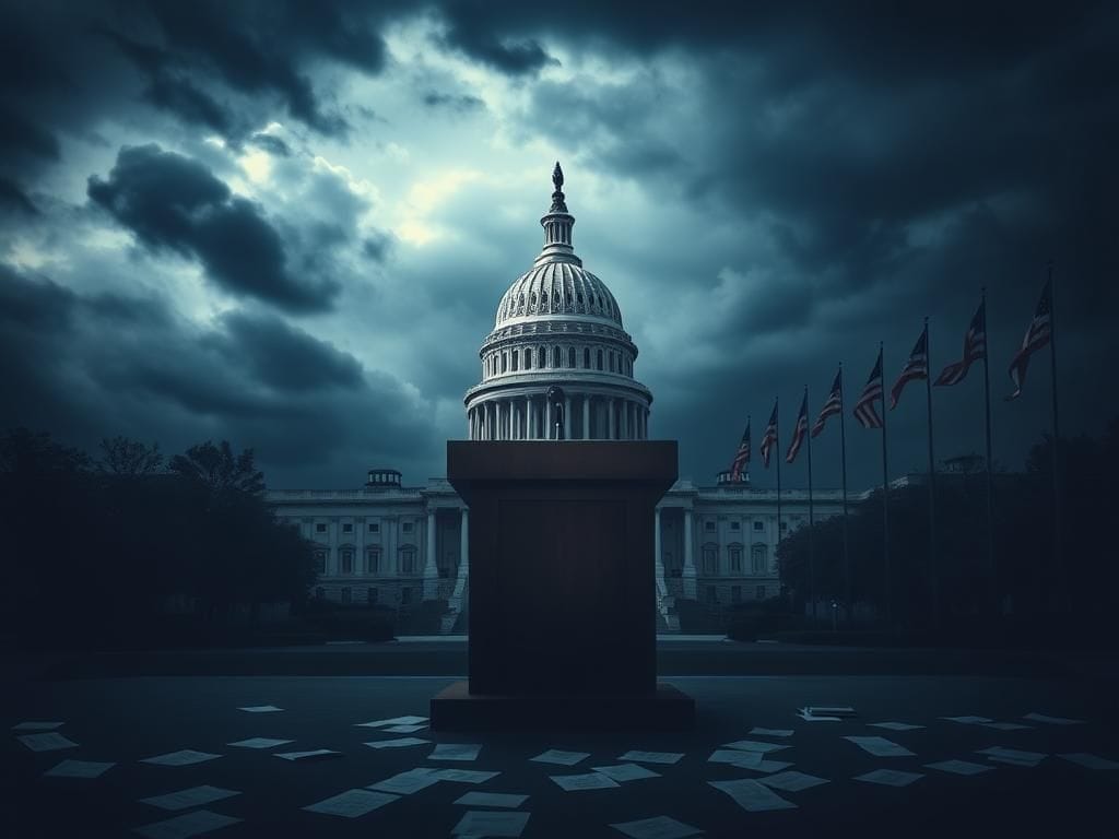 Flick International A dramatic view of the United States Capitol with an empty podium and dark storm clouds overhead, symbolizing a government shutdown.