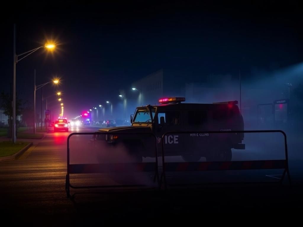 Flick International Texas National Guard vehicle positioned in urban setting with ICE barricade