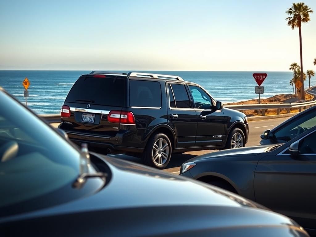 Flick International Black Lincoln Navigator SUV parked near the Pacific Coast Highway after a minor accident