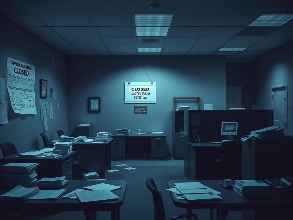 Flick International Empty IRS office with stacks of paperwork and a closed sign reflecting government shutdown impact