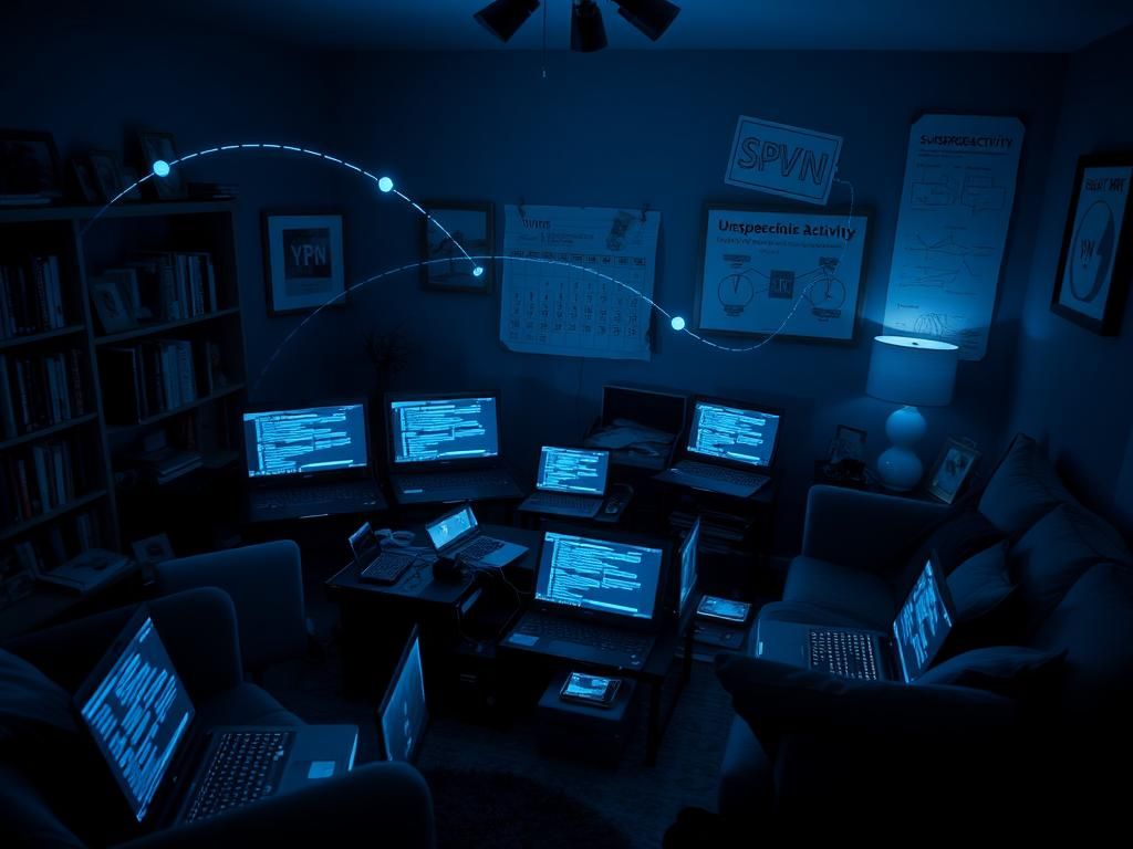 Flick International A dimly lit suburban living room with high-tech laptops symbolizing cyber infiltration