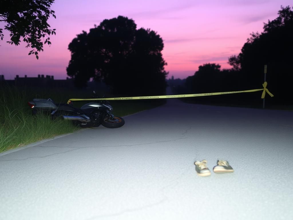 Flick International A somber scene depicting a quiet road at dusk with a motorcycle on its side