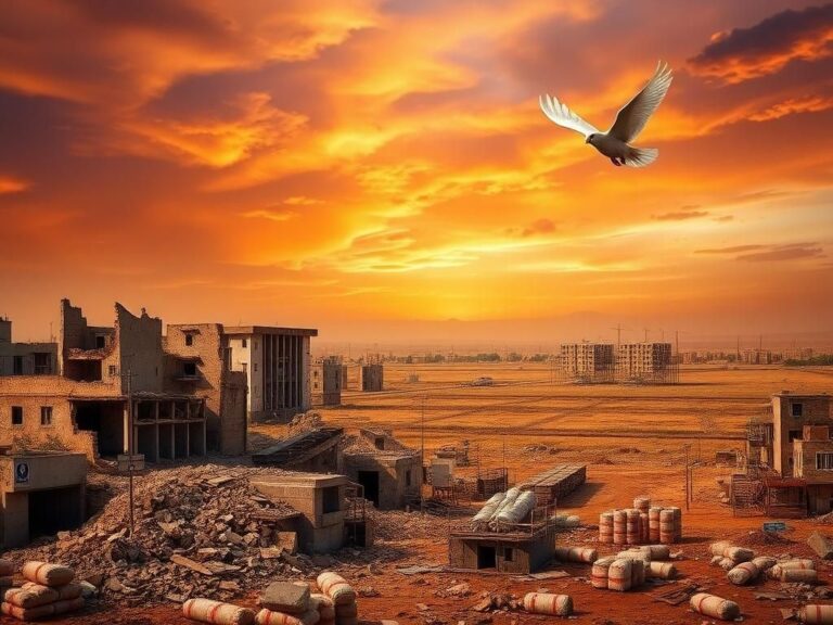 Flick International Dramatic landscape of the aftermath of conflict in Gaza with destroyed buildings and a soaring dove.