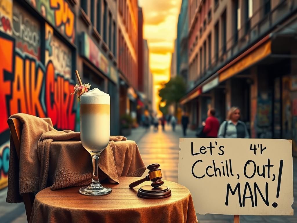 Flick International A whimsical scene featuring a large White Russian cocktail on a table, with graffiti art in the background symbolizing unity and freedom.