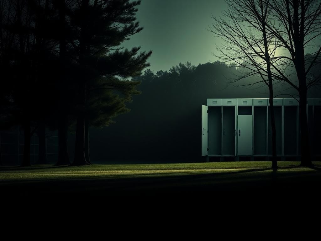 Flick International A vacant Virginia park under tall trees and a deserted gym locker room