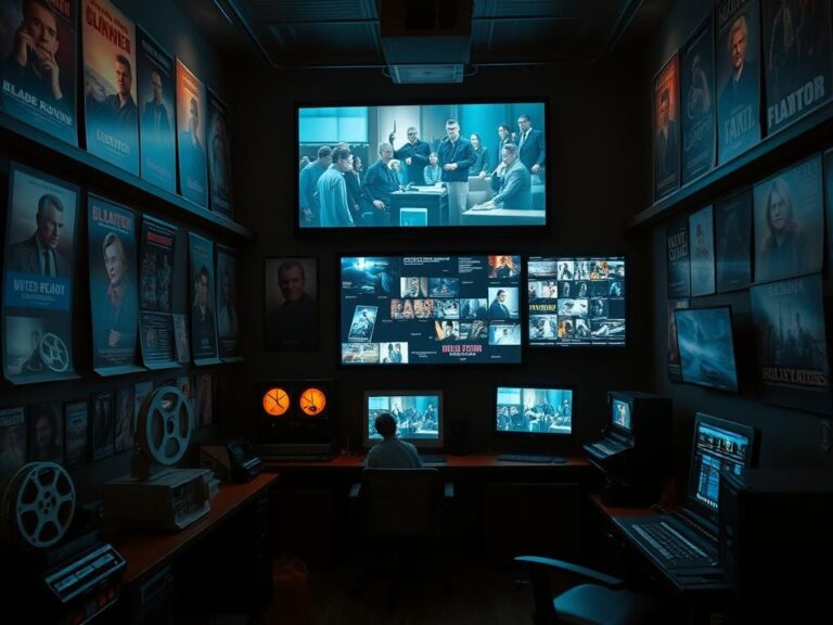 Flick International A dimly lit film editing room filled with classic movie posters and film reels