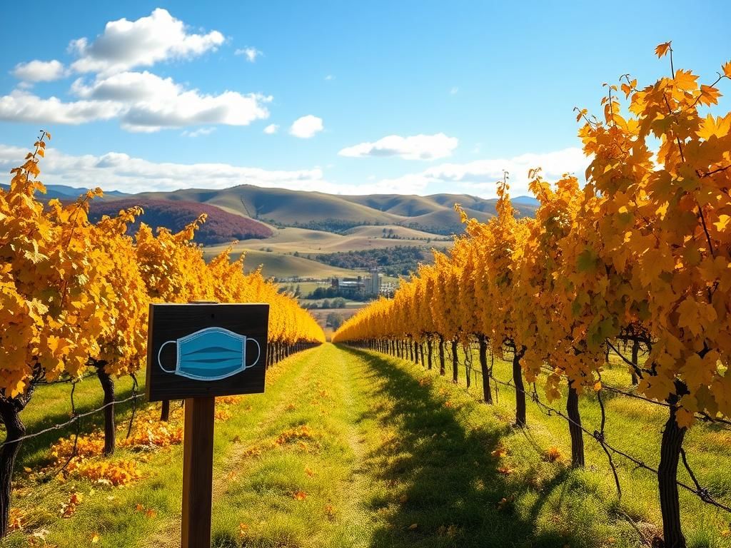 Flick International Serene vineyard landscape in Sonoma County, California, featuring vibrant autumn leaves and a wooden health safety sign