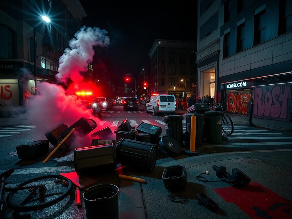 Flick International Chaotic urban scene in downtown Boston post-protest with overturned trash cans and smoke from flares