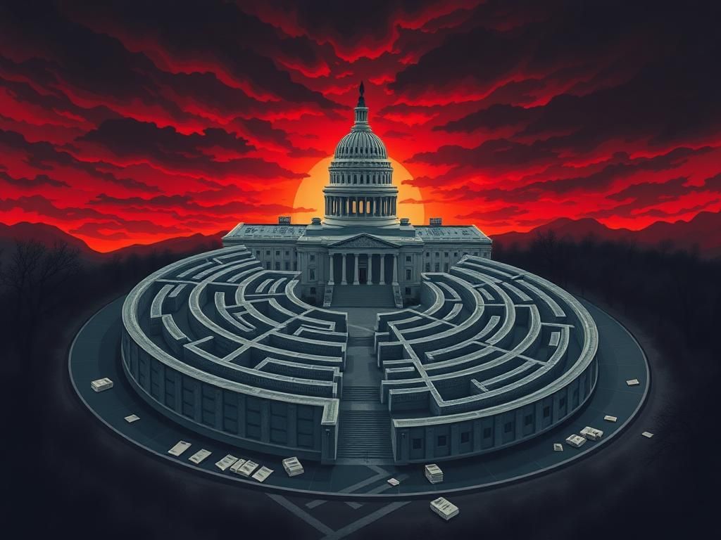 Flick International Intricate government building shaped like a spiraling maze representing Congress's complexities