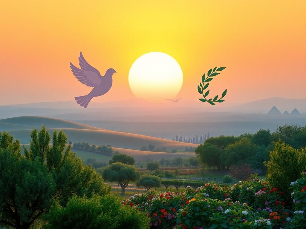 Flick International Serene landscape symbolizing peace with a dove and olive branch at sunset
