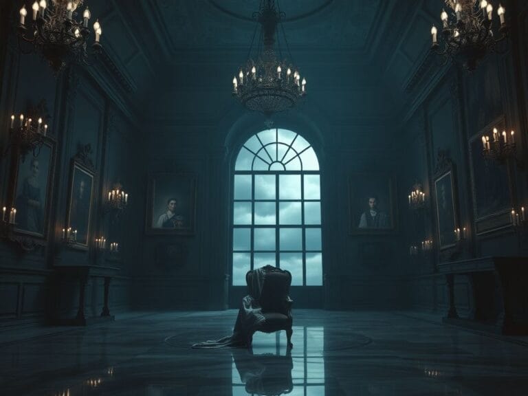 Flick International Grand, empty royal palace interior with ornate chandeliers and a lone regal chair draped with a tattered royal flag.