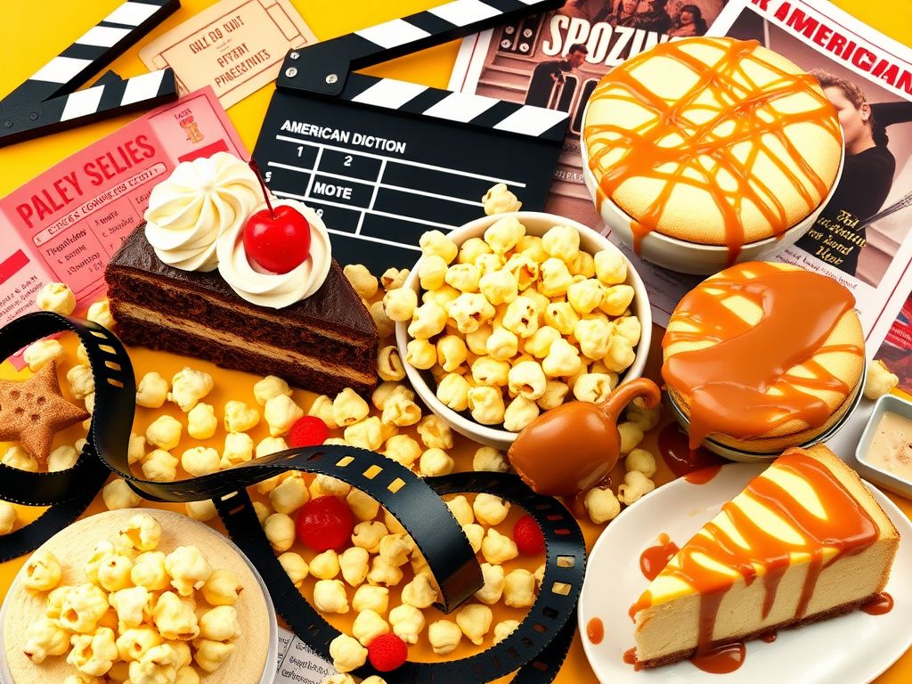 Flick International A colorful flat lay of American desserts and classic cinema elements