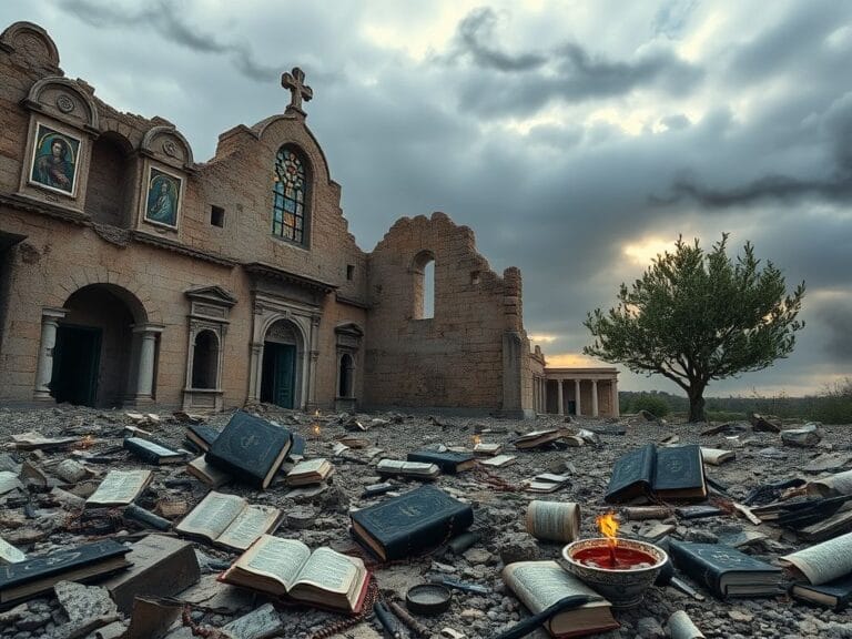 Flick International Historical Christian church ruins in Syria with faded icons and shattered windows