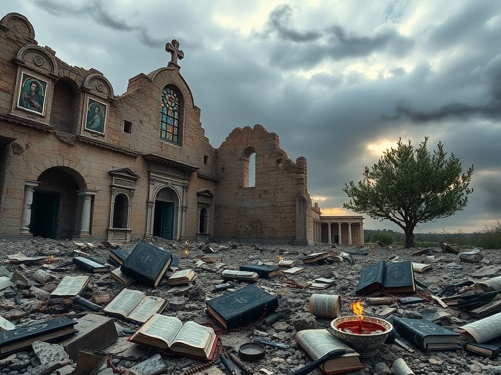 Flick International Historical Christian church ruins in Syria with faded icons and shattered windows