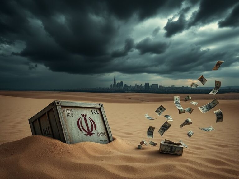 Flick International Abandoned military supply crate in a desolate landscape symbolizing Iran's support for Hezbollah amidst sanctions