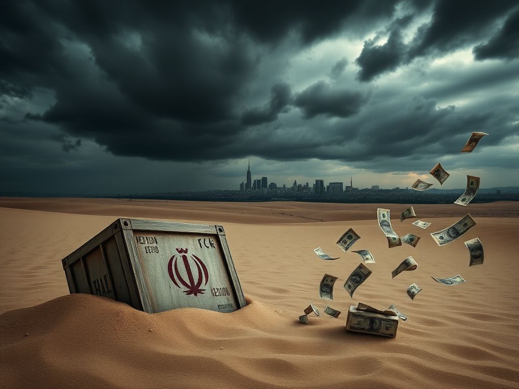 Flick International Abandoned military supply crate in a desolate landscape symbolizing Iran's support for Hezbollah amidst sanctions