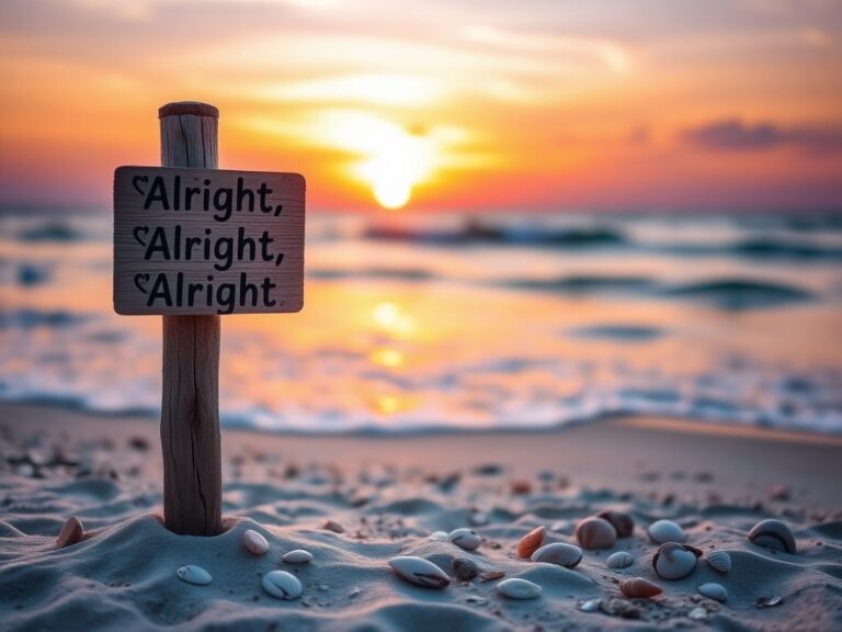 Flick International Weathered wooden signpost with love hearts and 'Alright, Alright, Alright' at a sunset beach