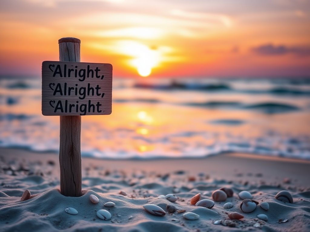 Flick International Weathered wooden signpost with love hearts and 'Alright, Alright, Alright' at a sunset beach