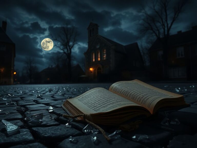 Flick International Dimly lit scene of shattered glass scattered on a cobblestone street, symbolizing Kristallnacht's aftermath