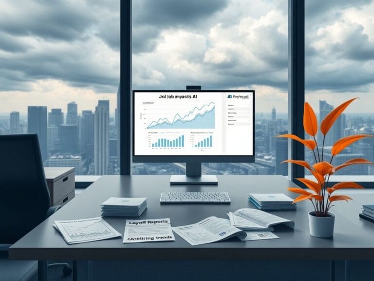 Flick International Conceptual image of a corporate office with an empty desk and computer displaying job impact data related to AI.