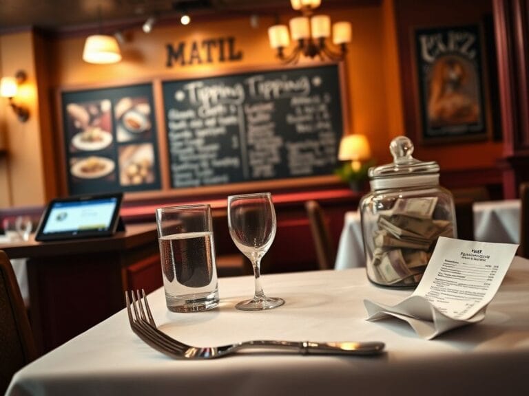Flick International Elegant restaurant setting with a table decorated with a white tablecloth, polished cutlery, and a glass of water, showcasing the restaurant's ambiance amidst the tipping culture debate.