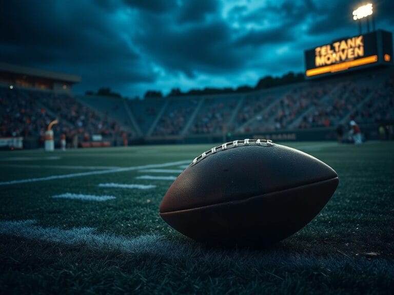 Flick International A weathered football on a rain-soaked field under darkening skies during a college football game
