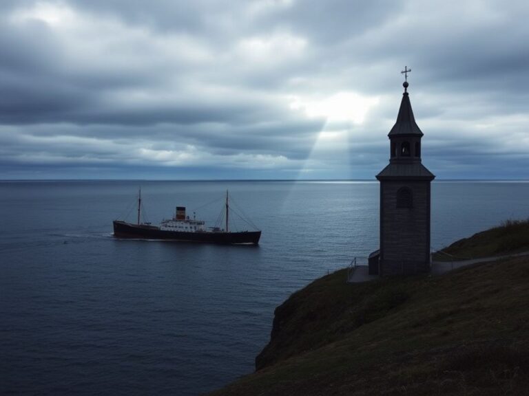Flick International Somber scene of Lake Superior with a silhouette of a sunken freighter
